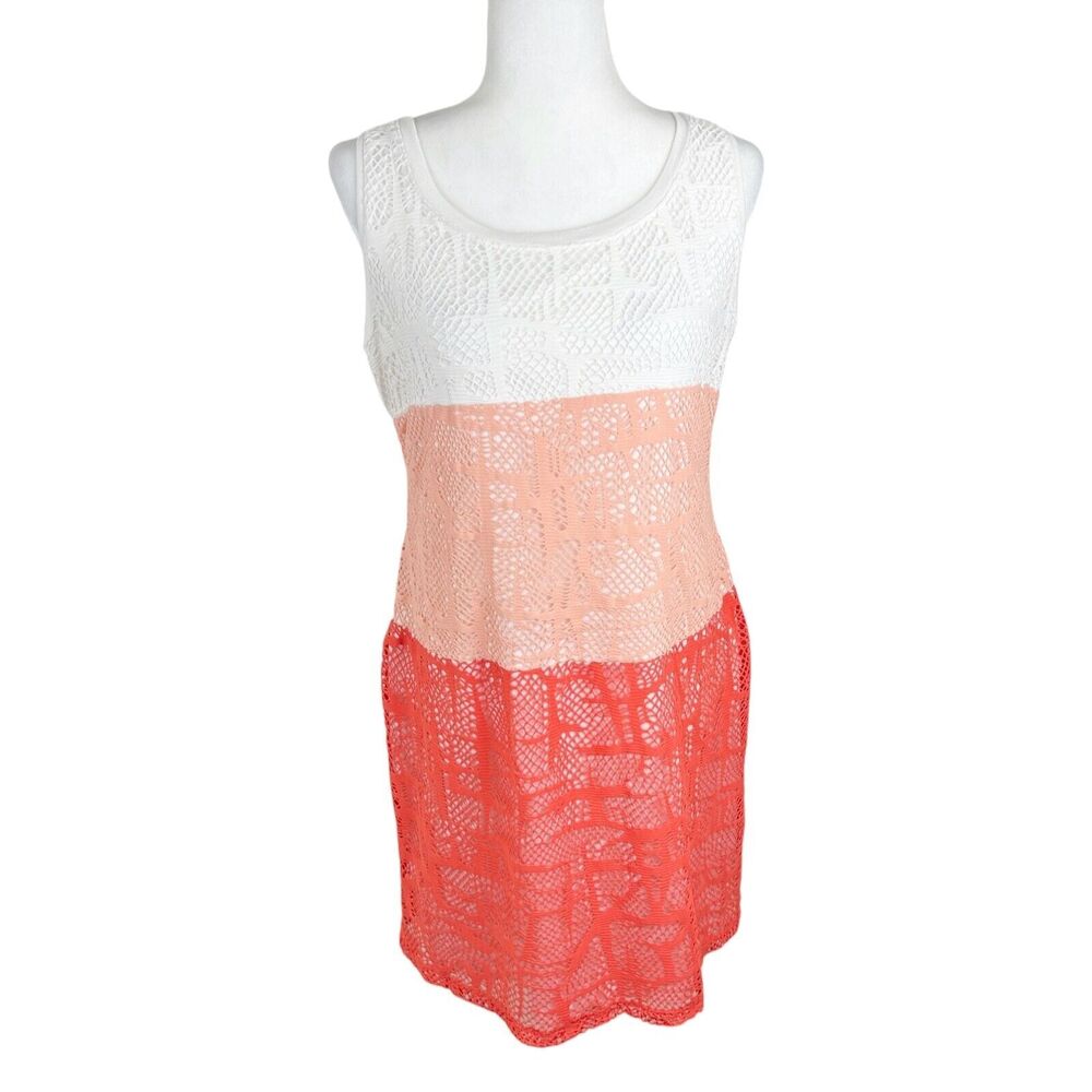 eci New York Dress Women Large White Orange Striped Crochet Sleeveless Mini